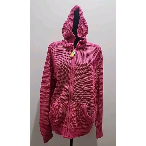 Quacker Factory Womens Jacket Small Sz XL Pink Knit Pineapple Sequin Hood Beaded - Picture 1 of 8